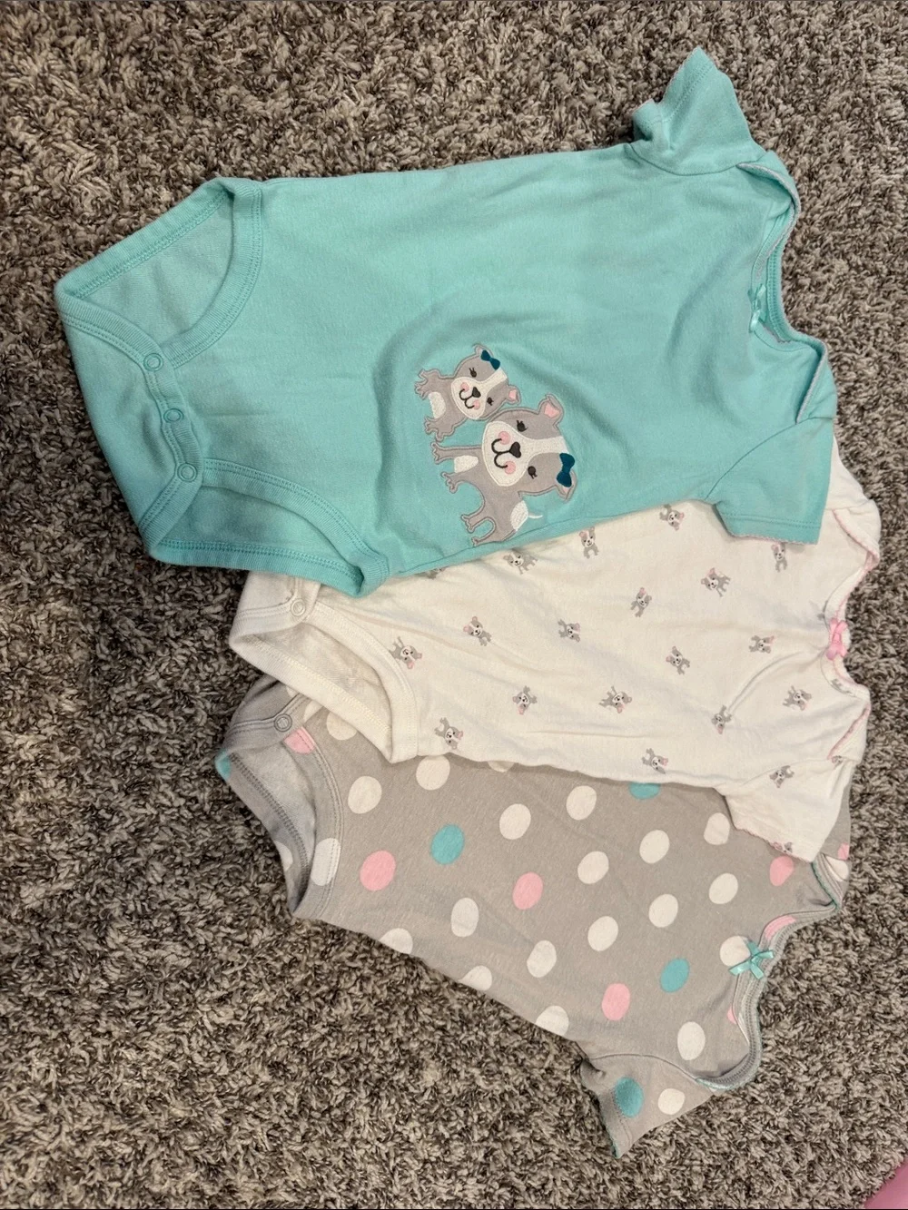 child of mine teal, white, gray polka dot baby bodysuit set